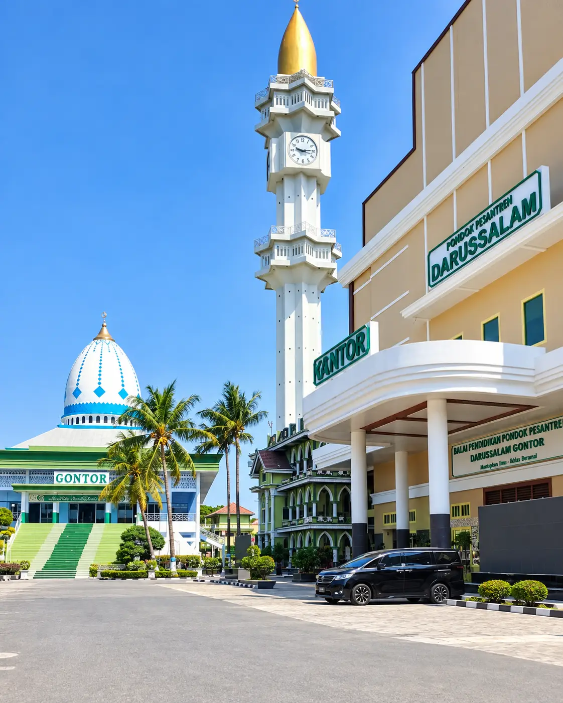 Kantor Pondok Pesantren Darussalam Gontor dengan menara jam berkubah emas dan masjid berkubah biru putih